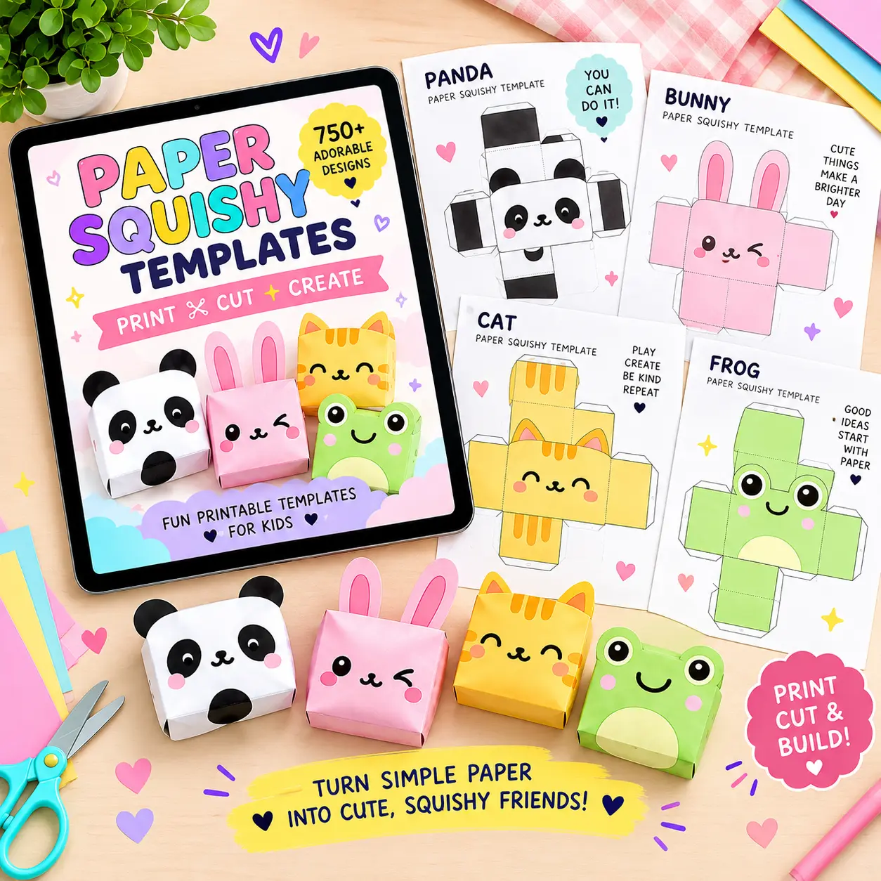 Paper Squishy Templates collection with printed craft sheets and finished paper squishies
