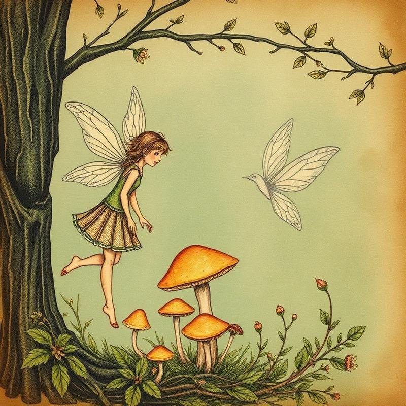 Whimsical fairy and mushroom illustration
